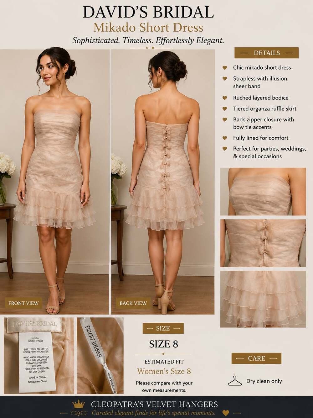 David's Bridal Mikado Strapless Ruched Tiered Organza Ruffle Dress